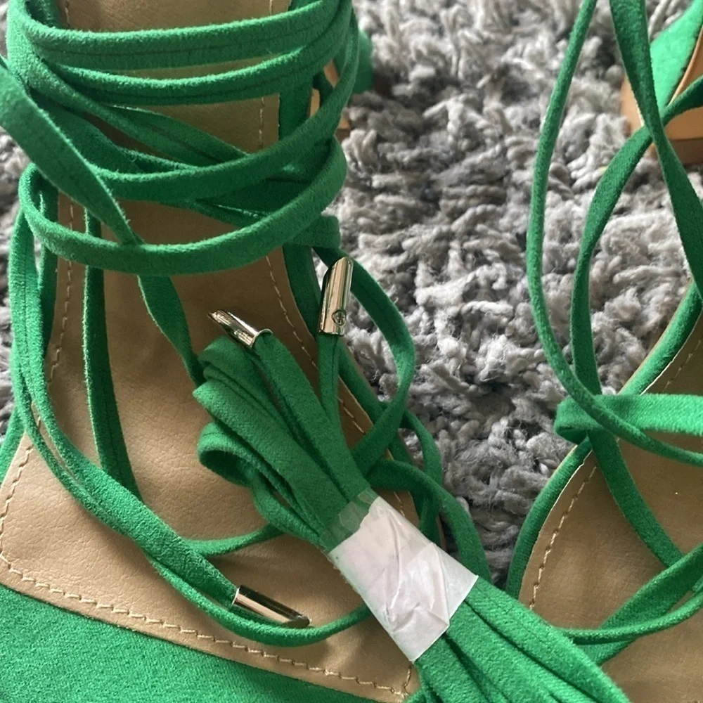 NWOT Fashion Nova Green Faux Suede Pay No Mind Heels Ankle Tie Heels Size 8.5